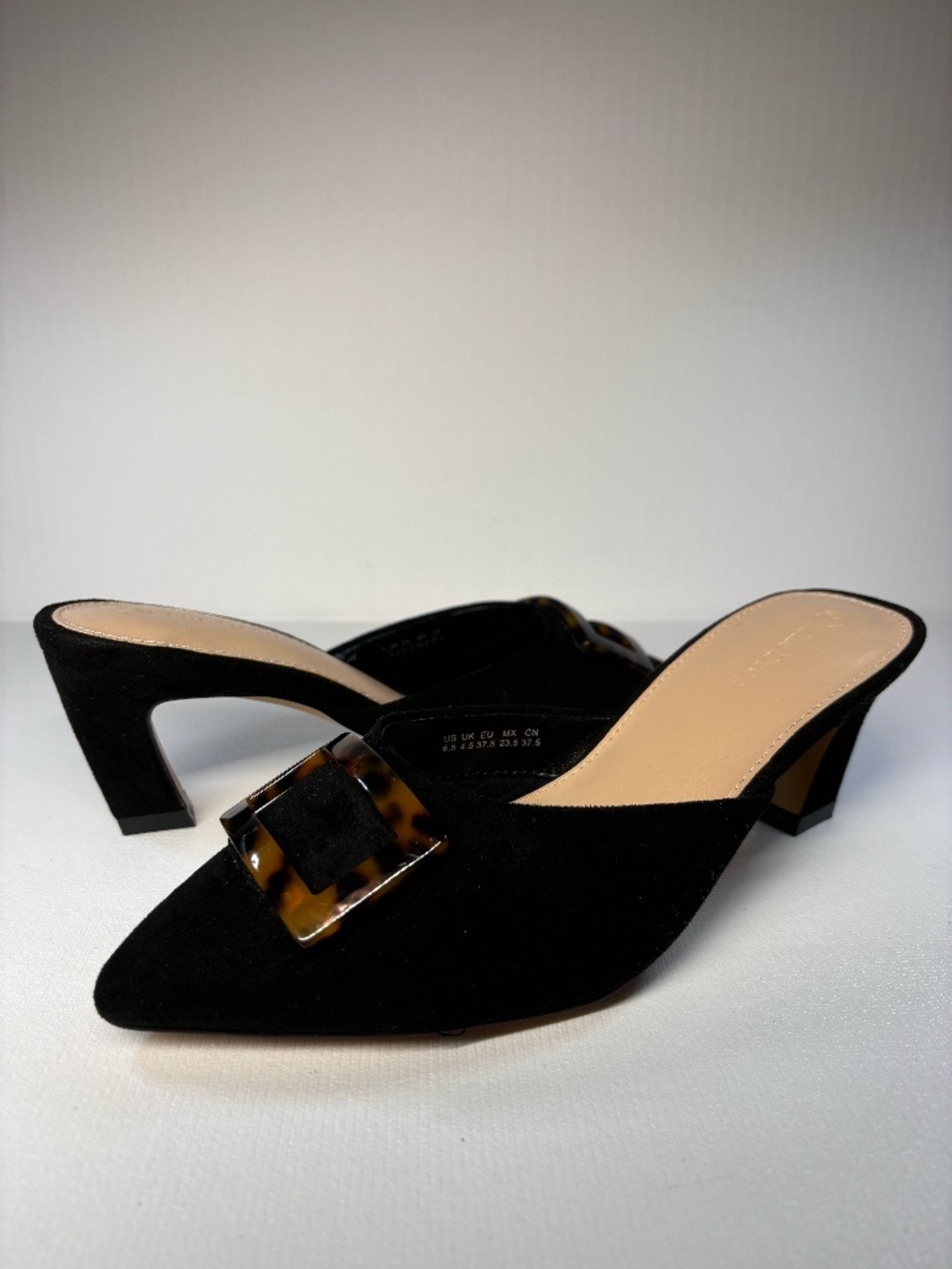 Black Suede Pointed Toe Mule Heels Tortoise Buckle Slip On Pumps 6.5